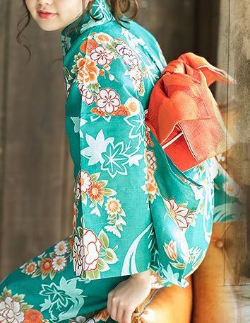 Turkish Green Yukata with Orange Obi