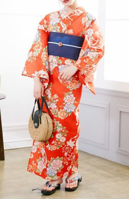 Orange Yukata White Flower with Green Obi