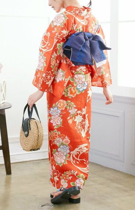 Orange Yukata White Flower with Green Obi